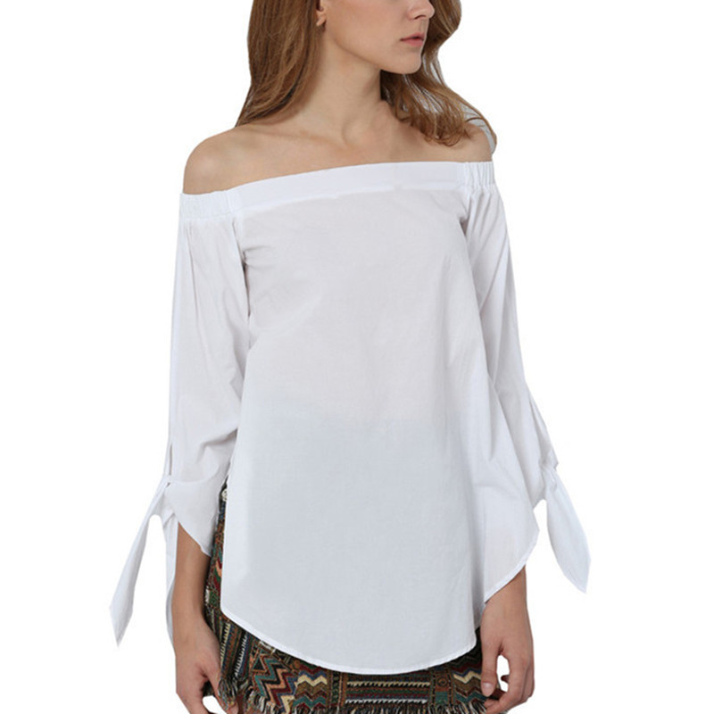 Wholesale-Blusas 2016 Summer Women Sexy Slash Neck Off Shoulder Strapless Long Sleeve Bowknot Blouse Top Casual Loose Shirt dress 4 Color