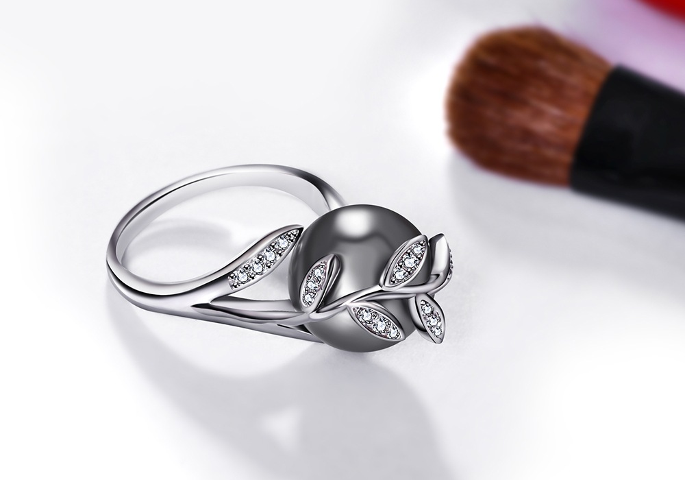 Trendy Rose Gold Color ring Big Gray Pearl Women Leaf Trendy jewellery dropshipping anel anillos aneis bagues femme statement jewelry