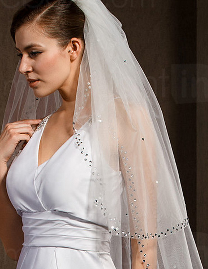 New Hight Quality Two Layer White Ivory Wedding Veil Beaded Edge Cathedral Length Bridal Veil With Comb