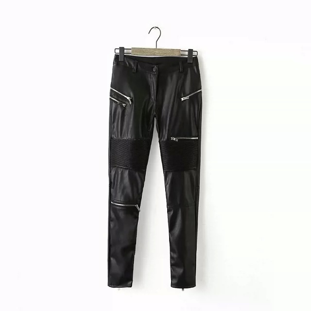 Wholesale-2016 Fashion Women Leather Zipper Decoration Leather Pencil Pants Pleated Stitching Tight Pants YN-3624, Black
Wholesale-2016 Fashion Women Leather Zipper Decoration Leather Pencil Pants Pleated Stitching Tight Pants YN-3624, Black
