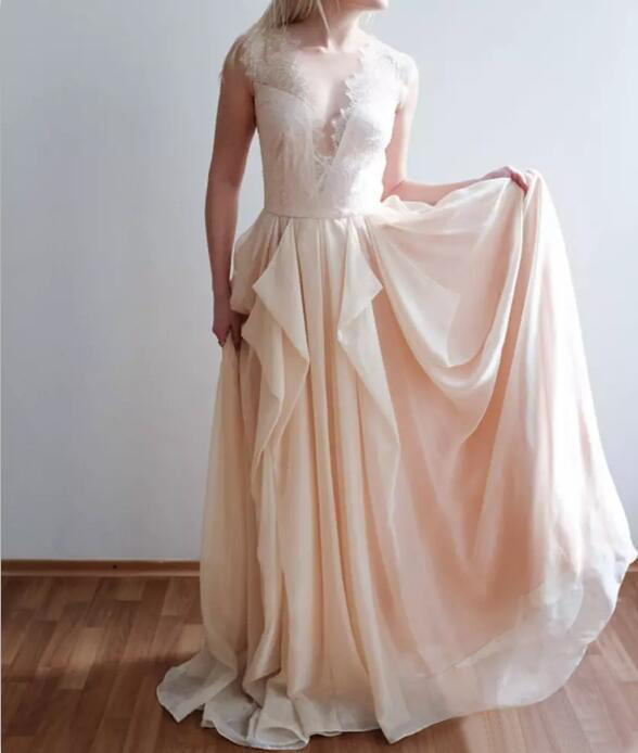 Blush Pink Bohemian Beach Wedding Dresses 2017 Lace V Neck Illusion Back Top Chiffon Ruched Long Bridal Gowns Custom Made Plus Size EN9166