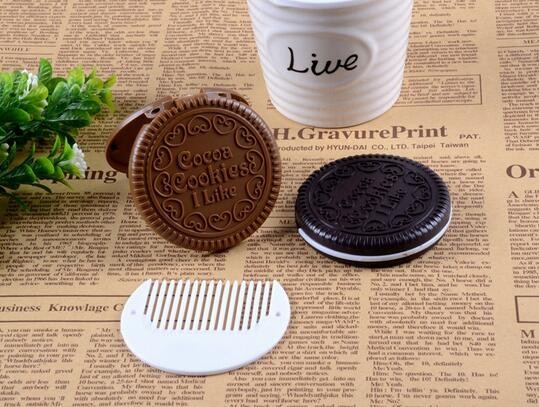 Portable Cute Chocolate Cookie Shape Cosmetic Makeup Mirror + Comb Lady Girl Lovely cookies design with comb XB18