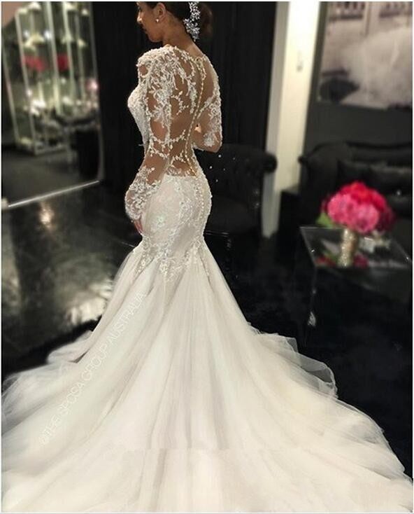 Modern Mermaid Dresses Sexy Long Sleeves Lace Appliques Beaded Sheer Back Plus Size Court Train Custom Wedding Dress Bridal Gowns