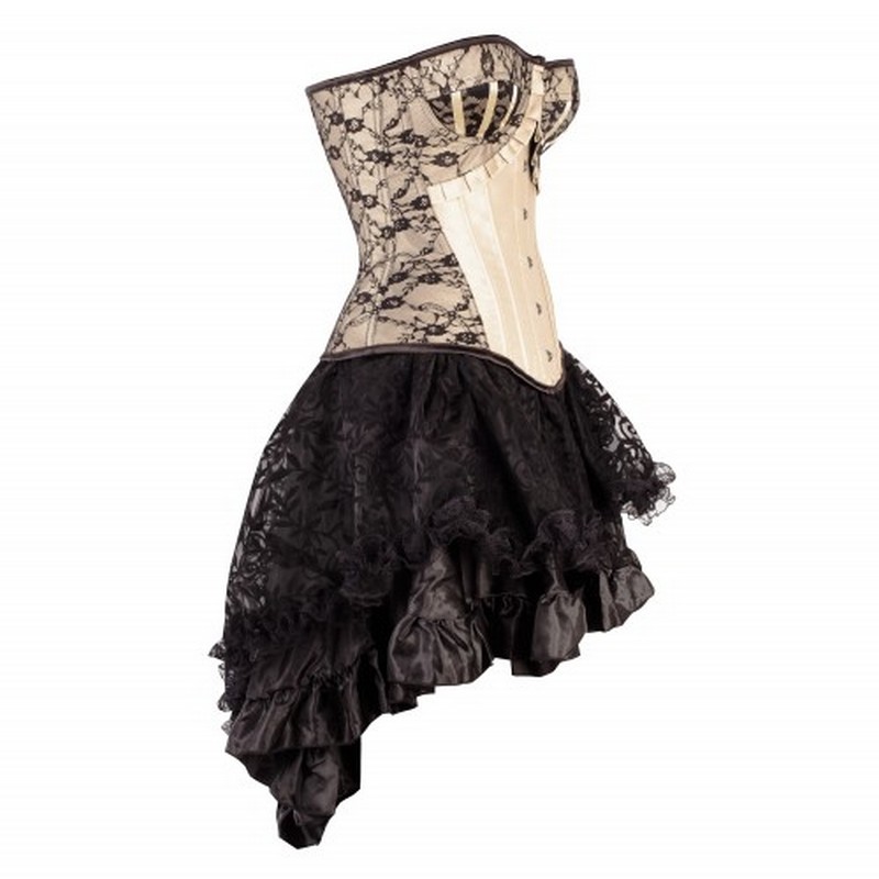 Wholesale Cheap Overbust Floral Black Lace Overlay Corset and Voluminous Layered Skirt Burlesque Formal Dance Corset Skirt Set Costume Dress