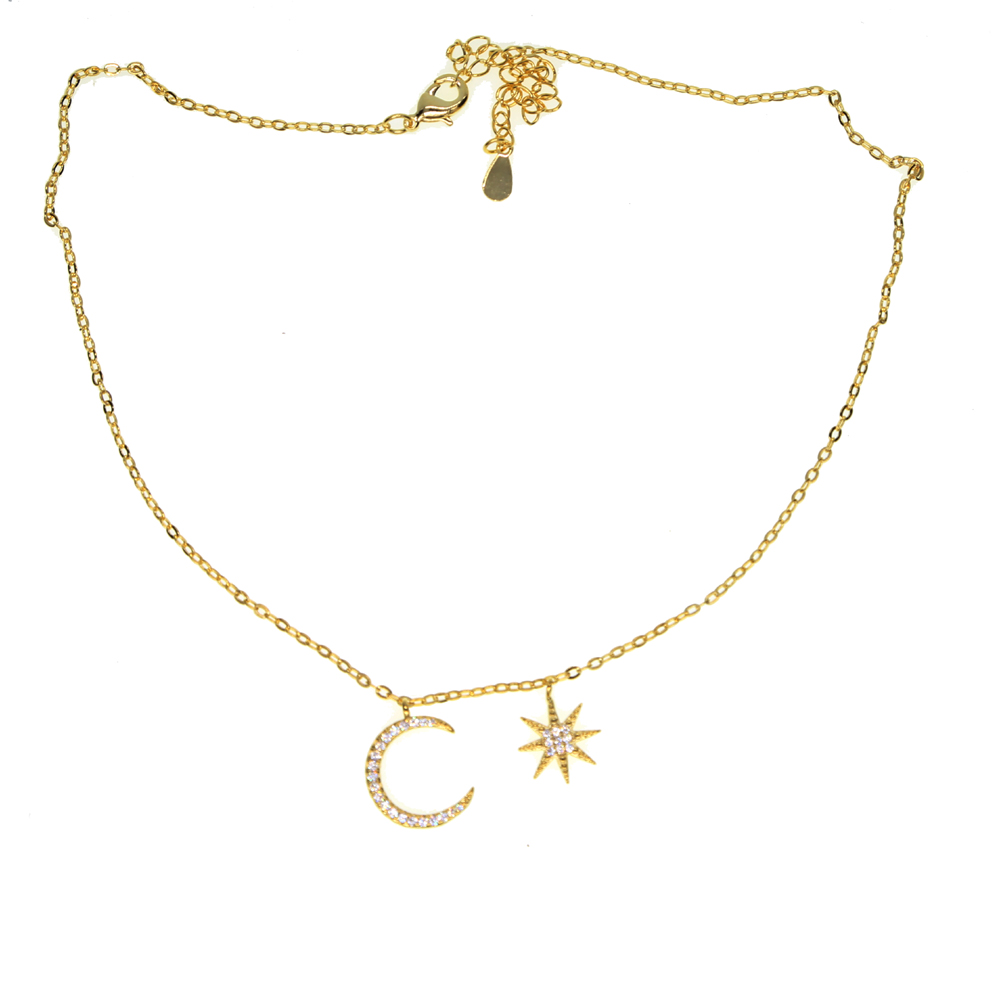 fashion jewelry simple christmas design delicate chain 3 color micro pave cz sparling moon star pendant choker necklace