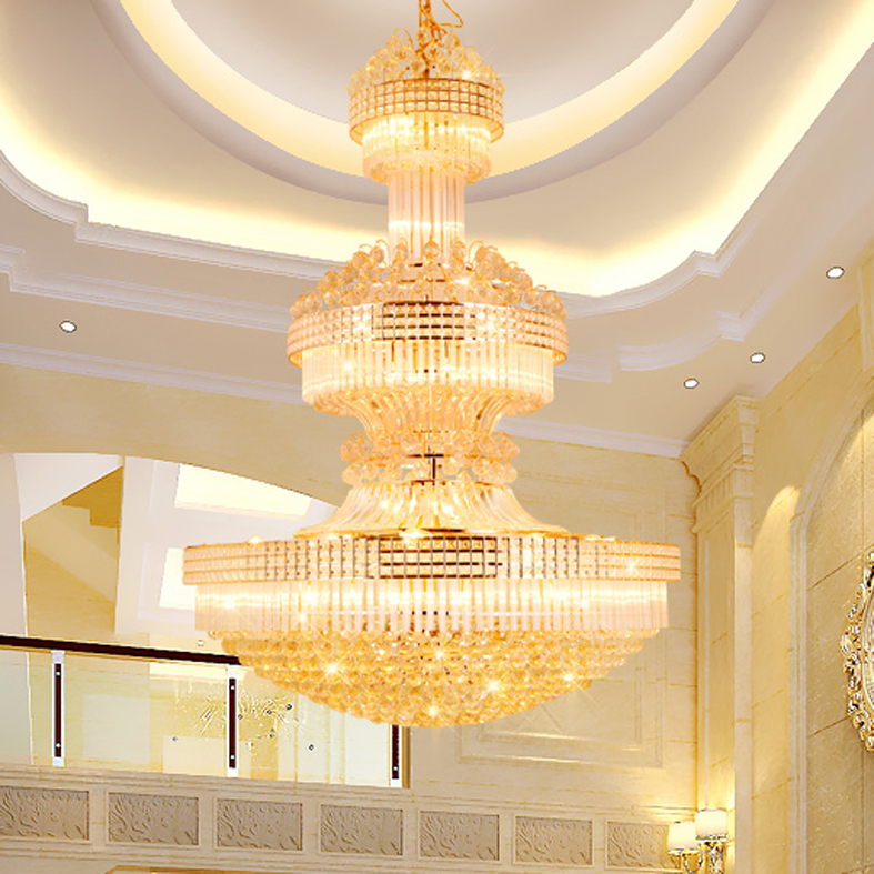 Modern Crystal Chandeliers LED American Gold Chandelier Lighting Fixture 3 White Light Colors Dimmable Long Home Hotel Villa Hanging Lamps