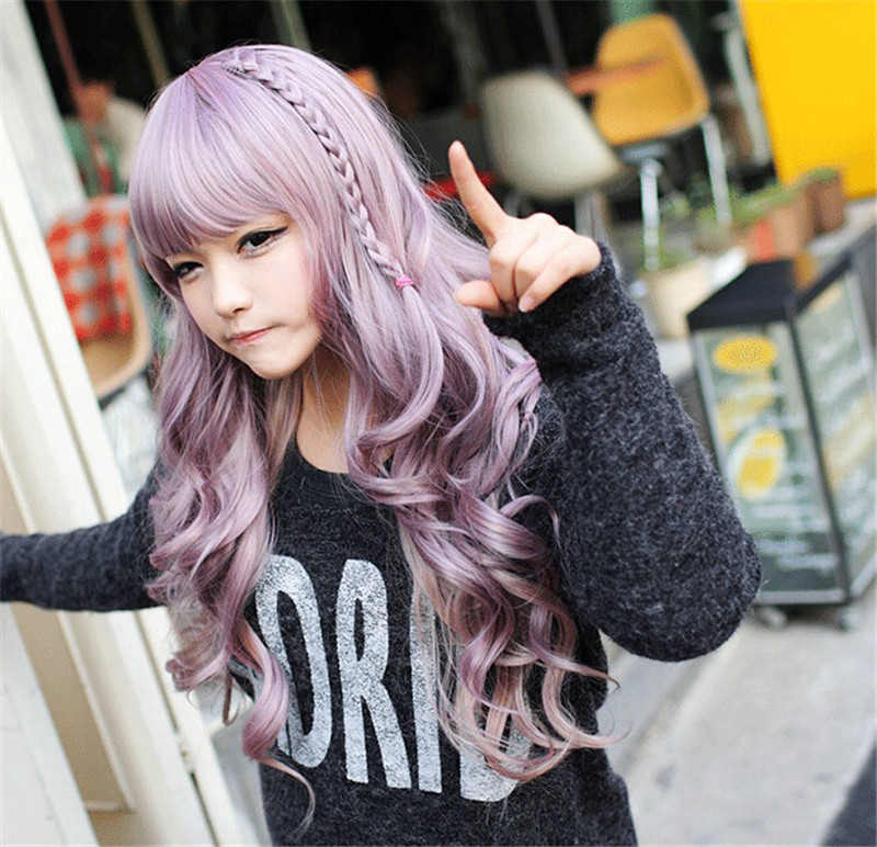 WoodFestival long curly wig purple wavy wigs heat resistance synthetic hair lovely full bangs braid cosplay wig women