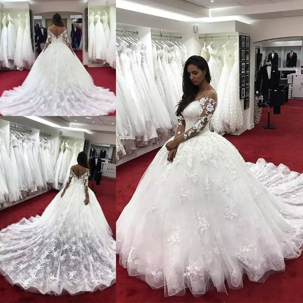 Amazing Lace Ball Gown Wedding Dresses With Long Sleeves Sheer Bateau Neck Hollow Back Bridal Dress Appliqued Chapel Wedding Gowns, Gold
Amazing Lace Ball Gown Wedding Dresses With Long Sleeves Sheer Bateau Neck Hollow Back Bridal Dress Appliqued Chapel Wedding Gowns, Gold