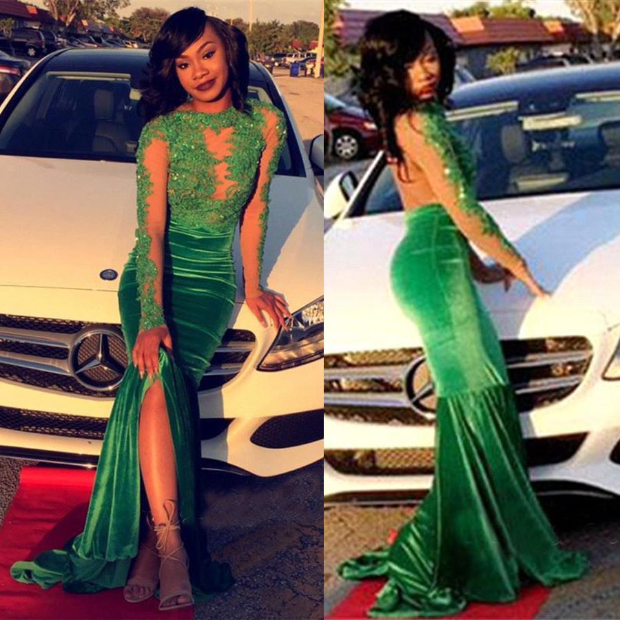 Lace Split Green Gorgeous Appliques Mermaid Long Sleeve Prom Dress See Through Velvet Illusion Evening Dress vestidos longos para formatura, Chocolate
Lace Split Green Gorgeous Appliques Mermaid Long Sleeve Prom Dress See Through Velvet Illusion Evening Dress vestidos longos para formatura, Chocolate
