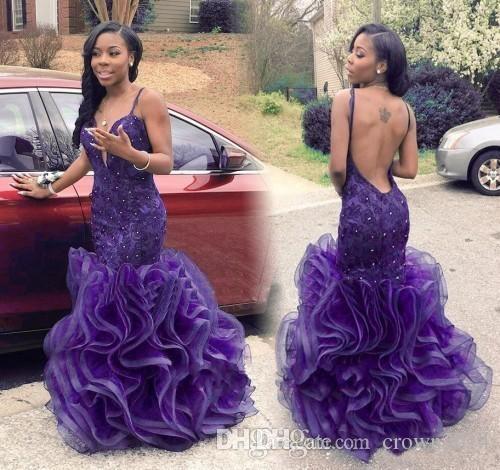 African Mermaid Prom Dresses Arabic Dubai Sexy Backless Navy Blue Lace Black Girl Red Party Evening Gowns Ruffles Long Sweet 16