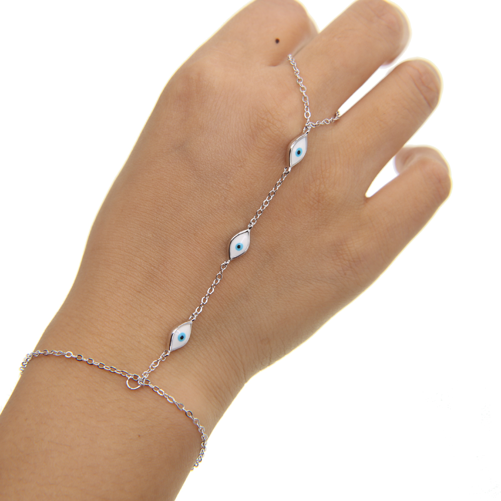 Rose Plated Evil Eye Hand Chain Bracelet with Ring, White Enamel, Cute Fashion Jewelry for Women, Gold Sier, k Chain, Adjustable Length