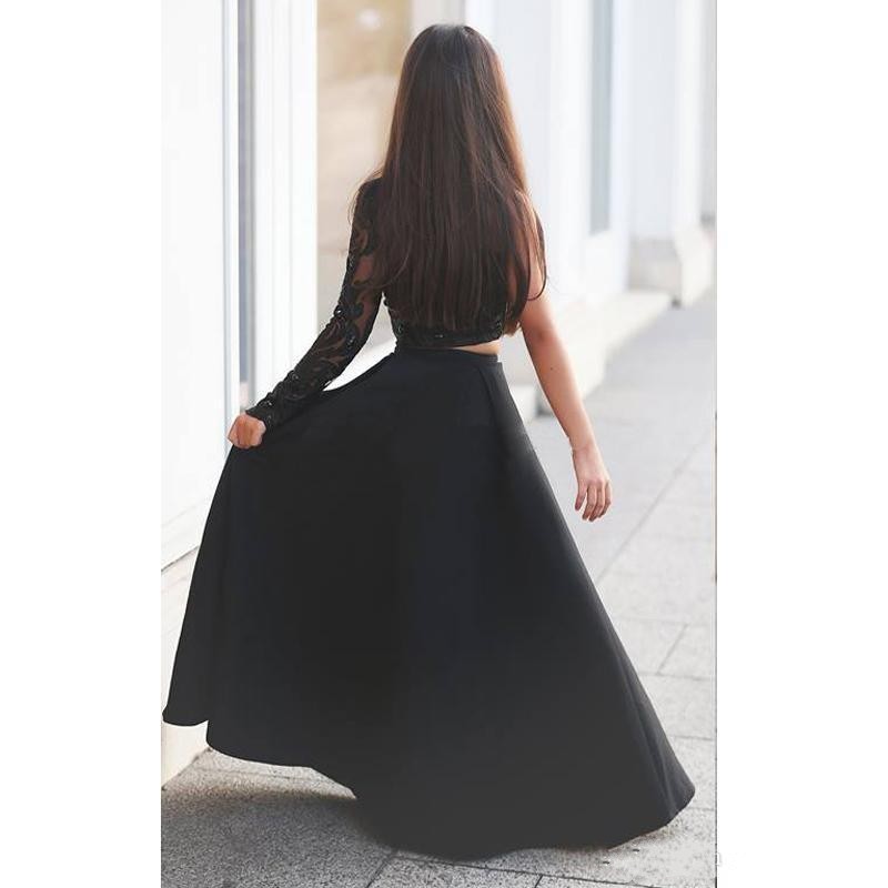 2018 New Custom Pageant Dresses for Teens Cute Beaded Lace Applique Sheer Long Sleeve Black A Line Two Pieces Girls Party Gowns 087
