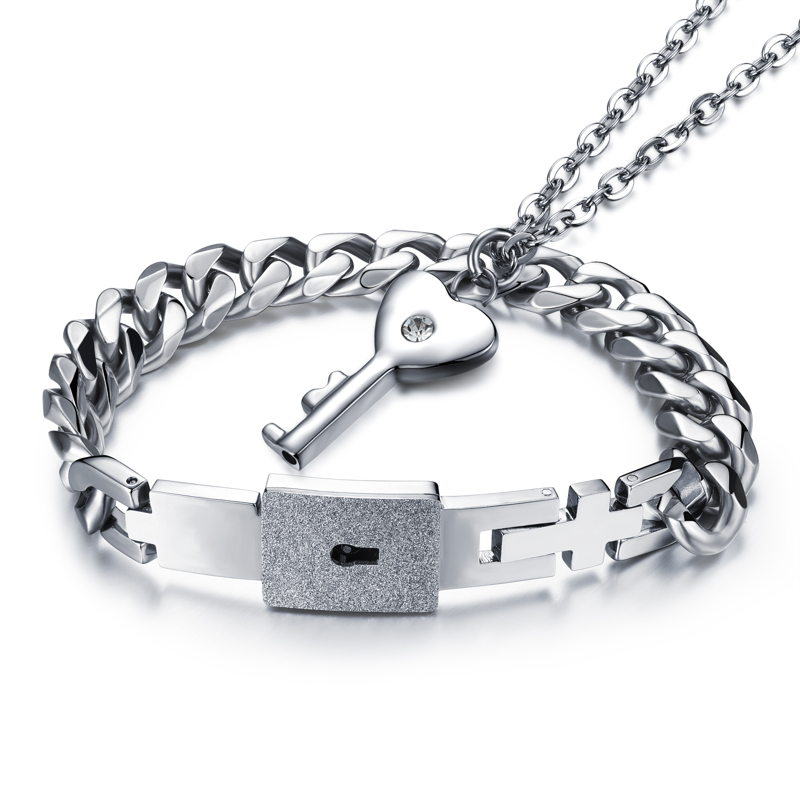 2pcs His and Her Stainless Steel Love Heart Lock Bangle Heart Key Necklace Matching Couples Lovers Jewelry Set Valentine's day Gift, Black 
2pcs His and Her Stainless Steel Love Heart Lock Bangle Heart Key Necklace Matching Couples Lovers Jewelry Set Valentine's day Gift, Black