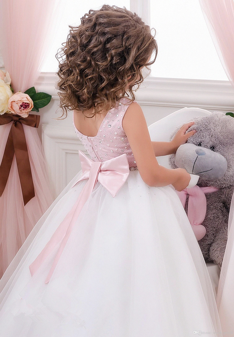 Sash Crystals Tulle Ball Gown Flower Girl Dresses Vintage Child Pageant Dresses Holy Communion Flower Girl Wedding Dresses