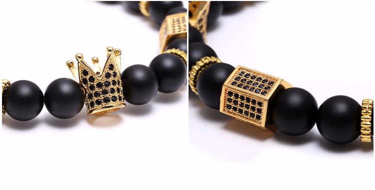Black Pave CZ zirconia Oro Rey crown charm Strands PULSERA Hombres enamel opaque matte brazalete de Cuentas Piedra