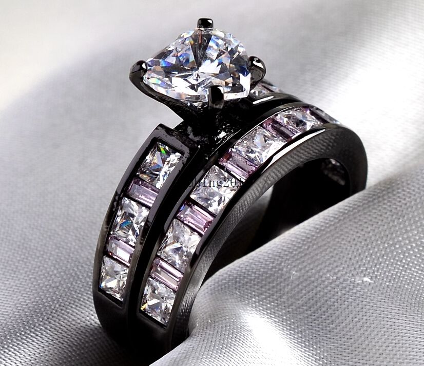 Exquisite 2024 Women's 10Kt Black Gold Filled Sapphire Simulated Dia Wedding Ring Set (Size 5-11)