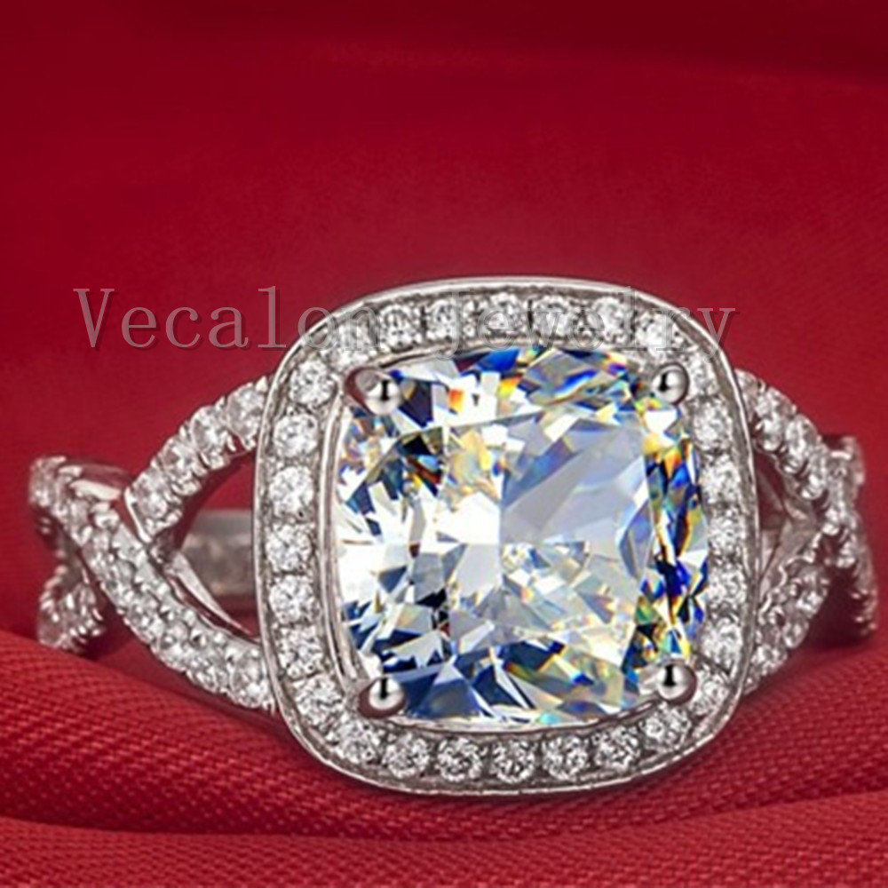 Vecalon Cushion cut 3ct Simulated diamond Cz Engagement Wedding Band ring for Women 10KT White Gold Filled Female Finger ring