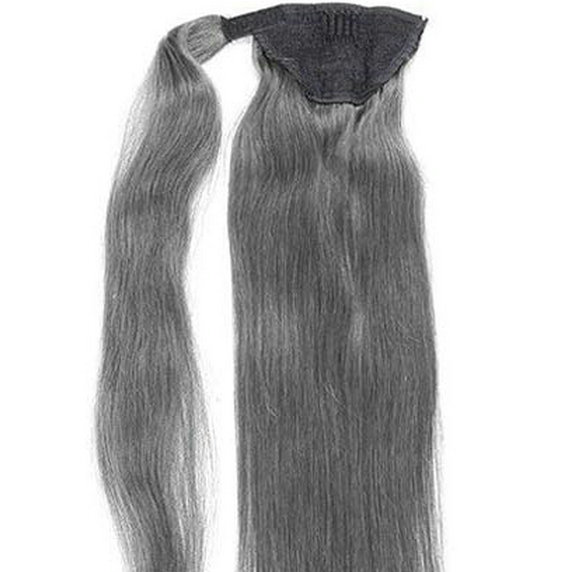 Silver grey human hair pony tail hairpiece wrap around Dye free natural hightlight salt and pepper gray hair ponytail