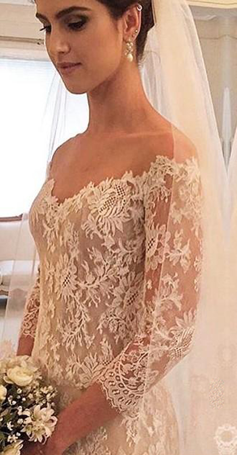 Western Style Popular Wedding Dresses V Neck 3/4 Long Sleeves Wedding Gowns Illusion Sweep Train Lace And Tulle Custom Made Bridal Dress
