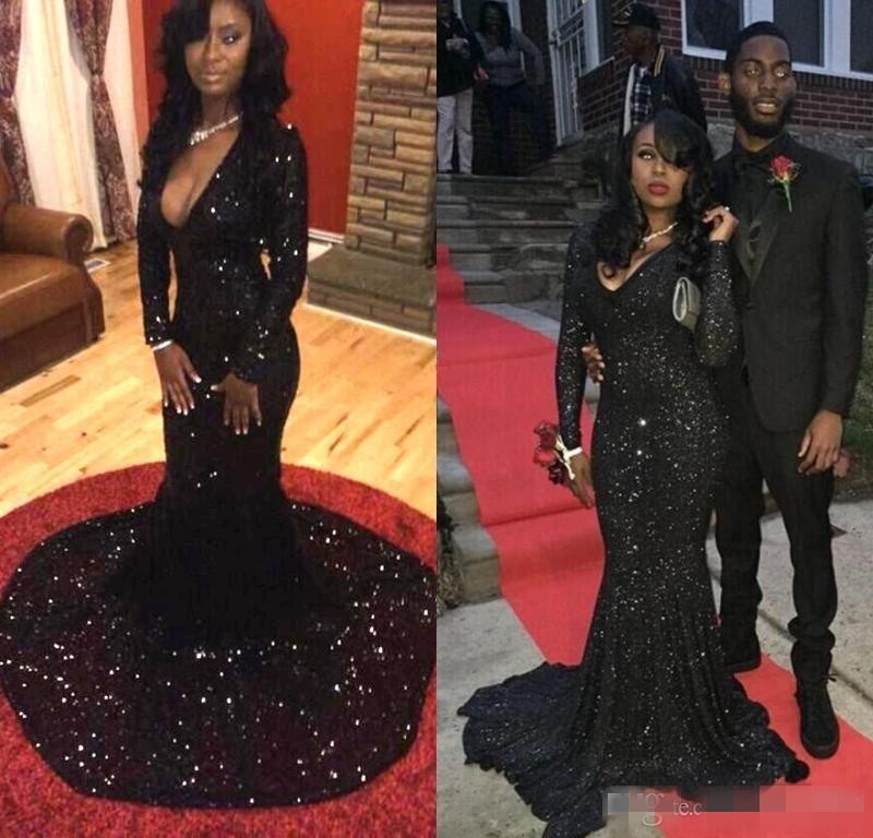 2019 Long Sleeve Black Girl Mermaid Prom Dresses Bling Sequins Plunging V Neck Court Train African Sexy Formal Evening Gowns Women, Gray
2019 Long Sleeve Black Girl Mermaid Prom Dresses Bling Sequins Plunging V Neck Court Train African Sexy Formal Evening Gowns Women, Gray