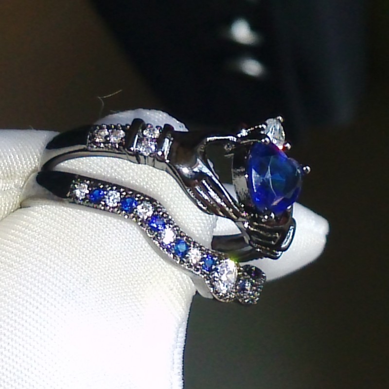 Heart Jewelry Sterg Sier Black Gold Plated Blue Sapphire CZ Dia Bridal Ring Size 5-11