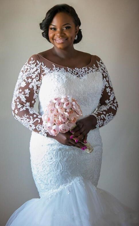 Vintage Charming Plus Size Mermaid Dresses Sheer Neck Full Lace Long Illusion Sleeves Court Train Wedding Bridal Gowns