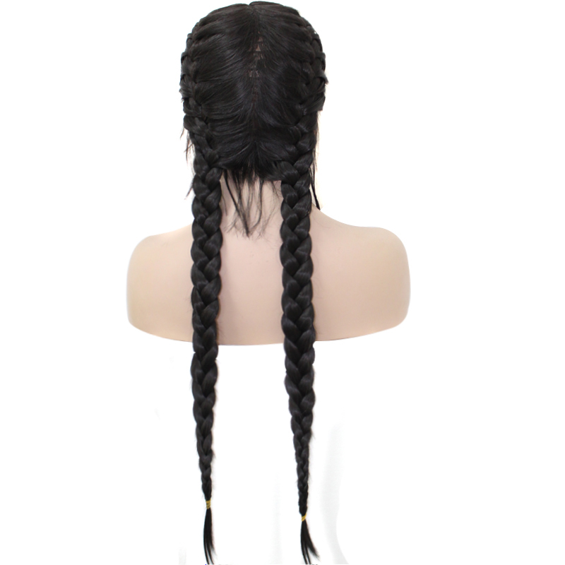 High Temperature Fiber Brazilian Wigs Middle Part Long Straight Black Synthetic Braided Lace Front Wig with Baby Hair