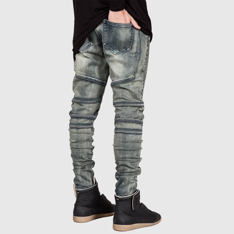 new mens Biker Jeans Motorcycle Slim Fit Washed yellow Black Grey Blue Moto Denim skinny Elastic Pants Joggers For Men jeans