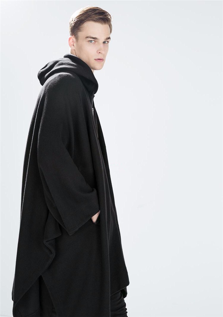 2016 Harajuku Gothic Clothing British Style Fashion Mens Wool Cloak Cape Long Black Hooded Trench Coat Men Windbreaker Overcoat