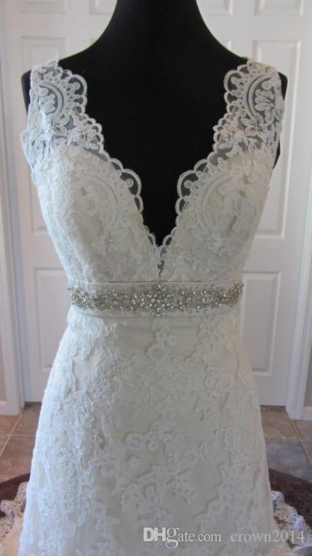Lace V Neck Beaded Wedding Dress Appliques Backless Crystal Sash A-line Real Picture High Quality Bridal Gowns