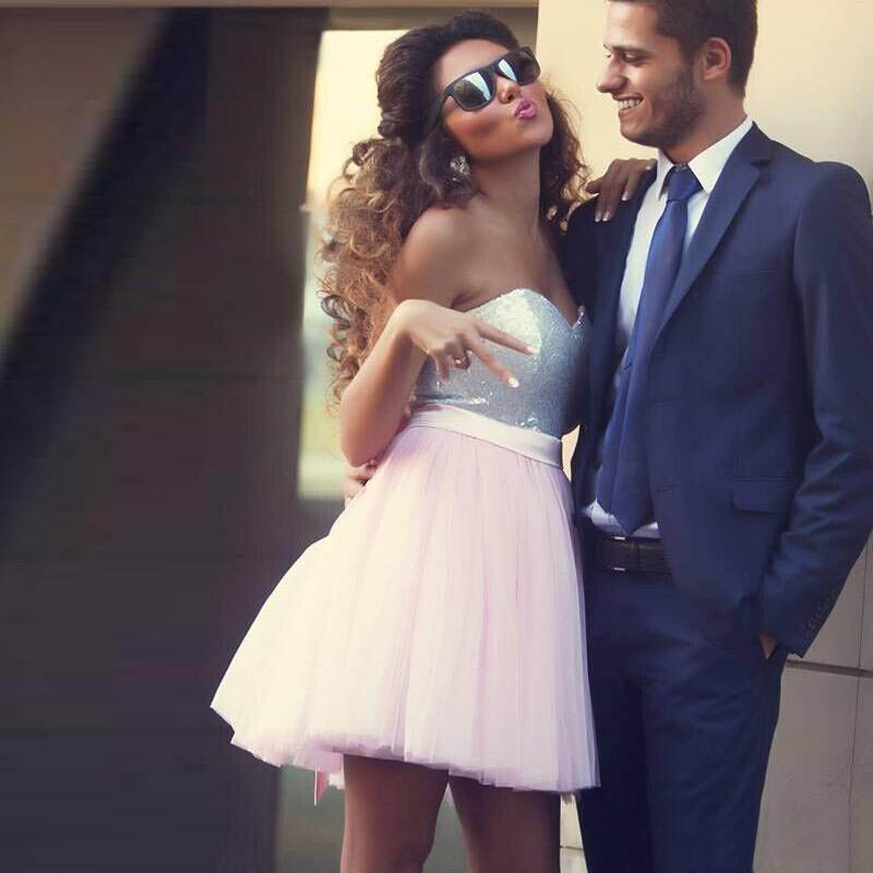 2020 Baby Pink Tulle Silver Sequined Short Homecoming Dresses Cheap Bow Zipper Back Mini Prom Party Dress Custom Made China EN81012