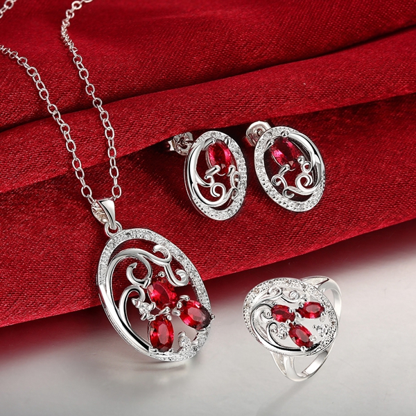 Hot sale fashion 925 silver necklace earring ring a famliy of three jewelry oval sets STSS135B sterling silver red gemstone rings wedding