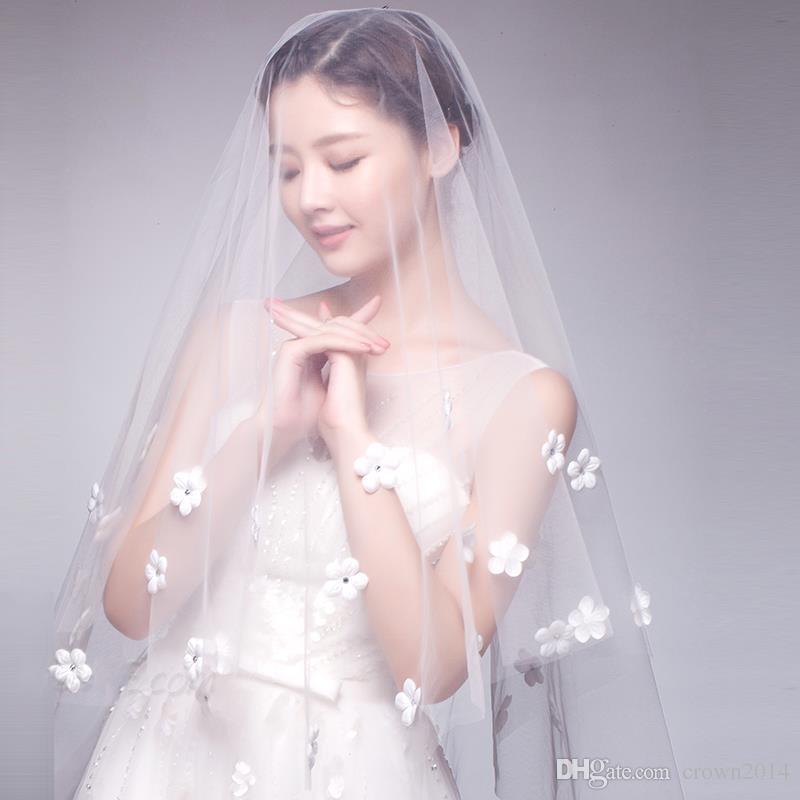 Pretty White Petal Long Cathedral Bridal Veil Floral Appliques Wedding Veils