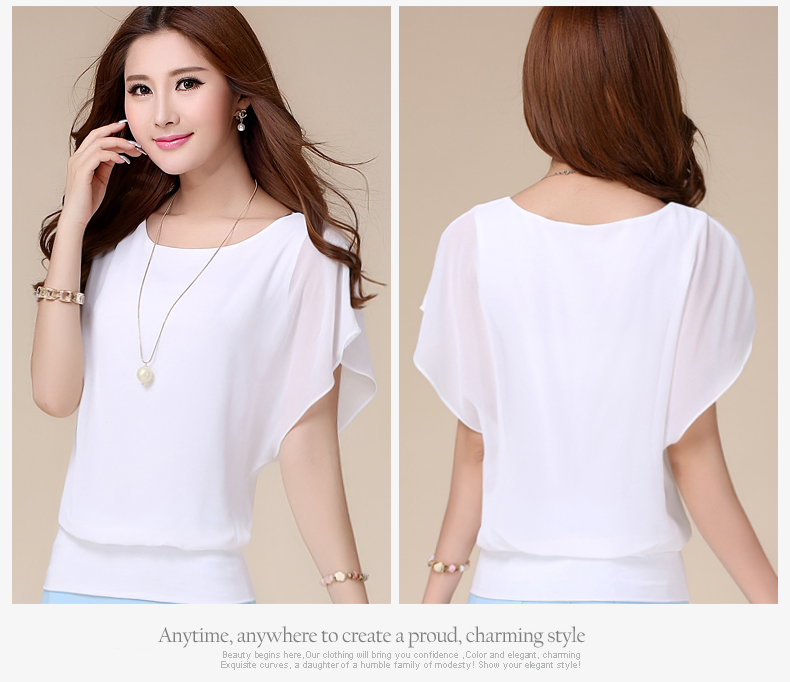 New Womens Tops Fashion 2016 Women Summer Chiffon Blouse Plus Size Ruffle Batwing Short Sleeve Casual Shirt Black White Red Blue