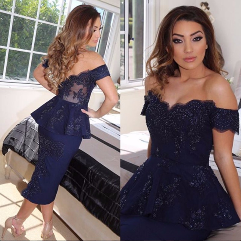2016 Dark Navy Mermaid Evening Dresses Applique Beaded Off Shoulder Satin Vestidos De Festa Peplum Tea Length Backless Sexy Party Gowns, Blue
2016 Dark Navy Mermaid Evening Dresses Applique Beaded Off Shoulder Satin Vestidos De Festa Peplum Tea Length Backless Sexy Party Gowns, Blue