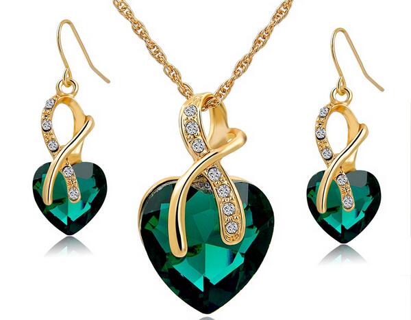 Gold Plated Jewelry Sets For Women Crystal Heart Necklace Earrings Jewellery Set Bridal Wedding Accessories 2016 HJIA849