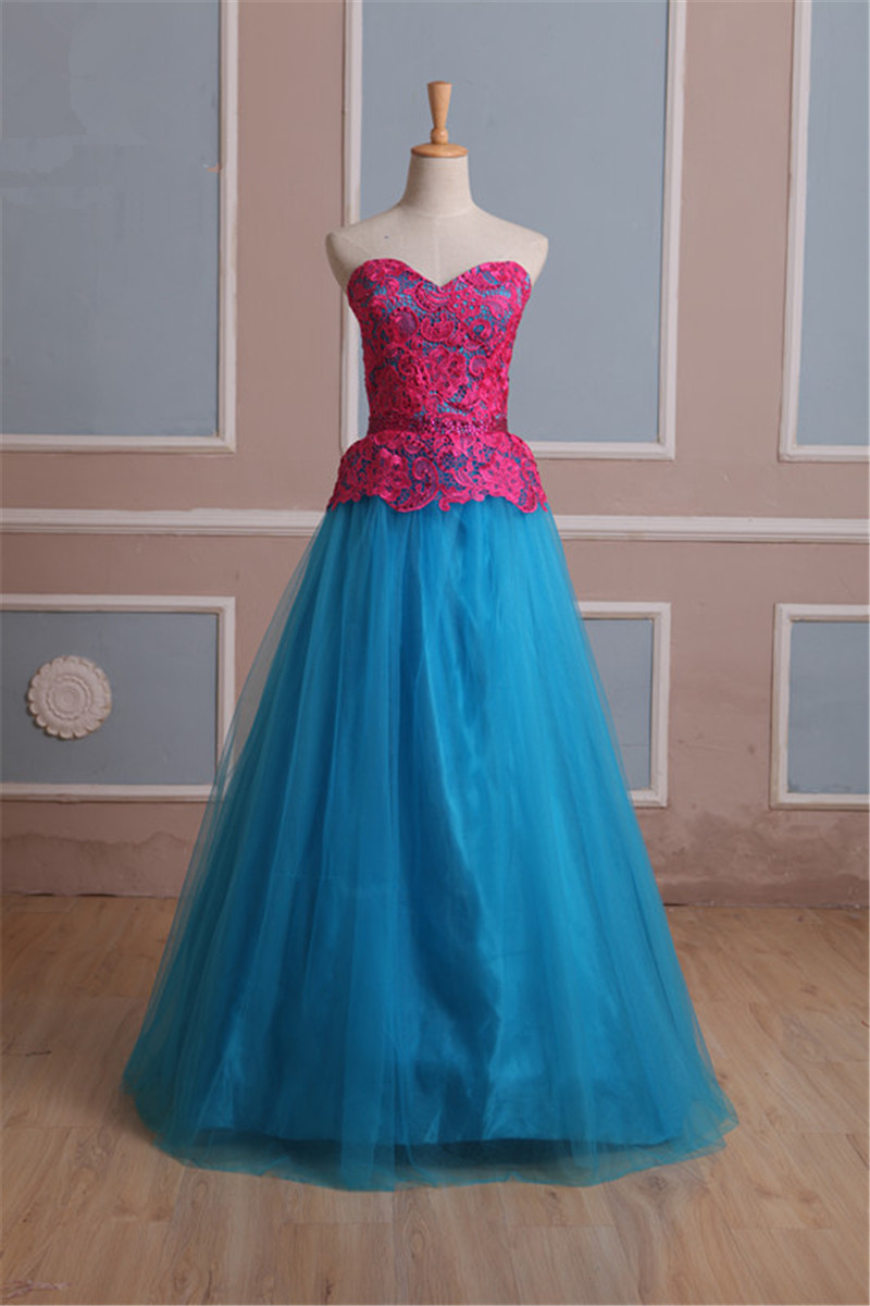 2017 Sexy Fashion Sweetheart Red Lace Blue A-Line Quinceanera Dress with Crystal Tulle Plus Size Sweet 16 Dress Vestido Debutante Gowns BQ79