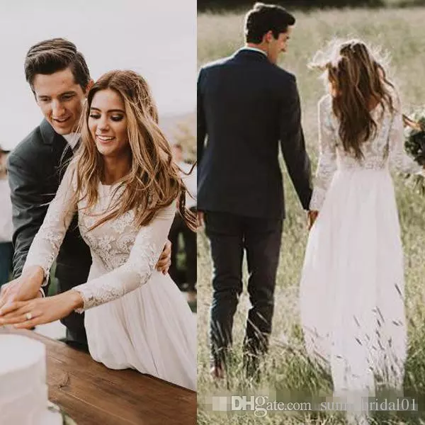 Bohemian Lace Wedding Dresses With Long Sleeves Floor Length A Line Lace Applique Chiffon Country Bridal Gowns, Red
Bohemian Lace Wedding Dresses With Long Sleeves Floor Length A Line Lace Applique Chiffon Country Bridal Gowns, Red