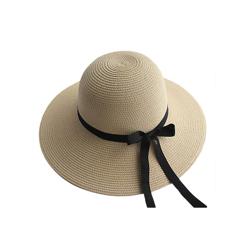 Wholesale- Women Fashion Summer Straw Hat Sun Hat Folding Travel Beach Cap With Lovely Bow Beige Color Free Shipping