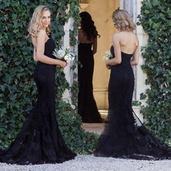 Graceful 2017 Black Chiffon Sweetheart Mermaid Bridesmaid Dresses Long Sheer Lace Court Train Maid Of Honor Gowns Custom Made China EN9147