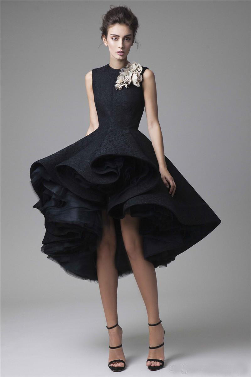 krikor Jabotian High Low Black Lace Dresses Evening Wear 2016 Modest Jewel Tulle Puffy Short High Low Prom Gowns Custom Made China EN6279