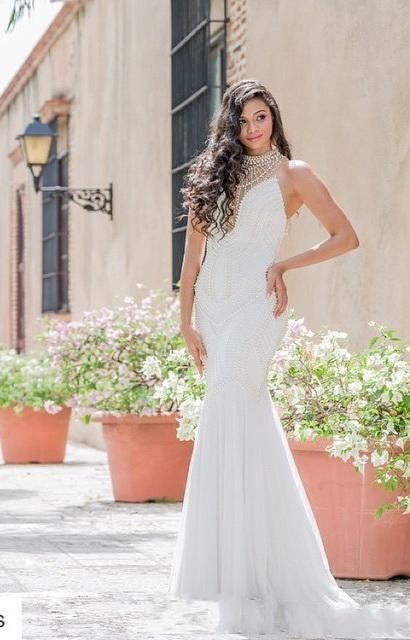 2018 Sexy Mermaid Wedding Dresses White Chiffon High Neck Sleeveless with Pearls Open Illusion Back Sweep Train Custom Plus Size Bridal Gown