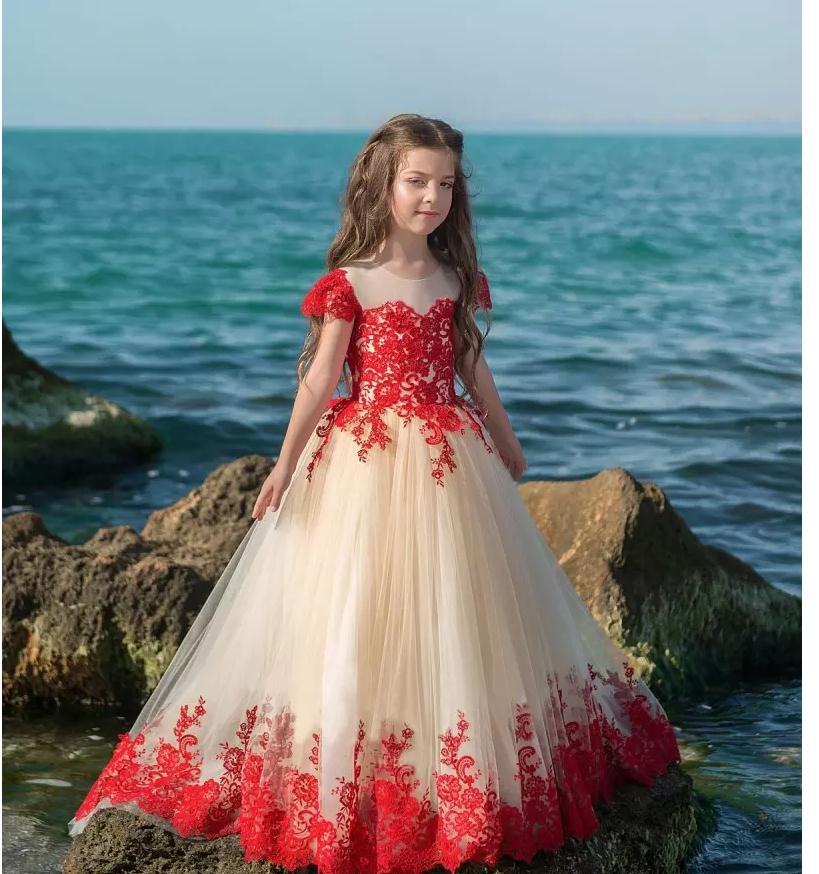 Red Lace Flower Girl Dresses Short Sleeve Jewel Neck Applique Family party birthday Girl's Pageant Dress