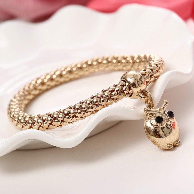 Wholesale-Fashion 3Pcs/set Crystal Bead Bracelet Women Gold Plated Crystal Owl Bangles Jewellery Elastic Charm Gifts pulseira feminina