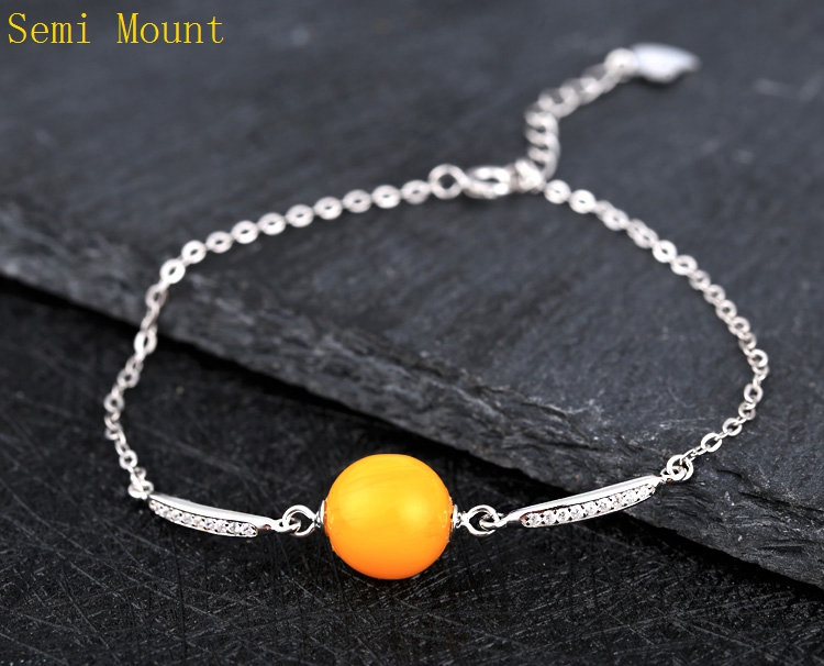 Real Sterling Silver 925 Plated White Gold Semi Mount Women Bracelet Chain Semi Mount for pearl or Round Bead Fine Jewelry Setting