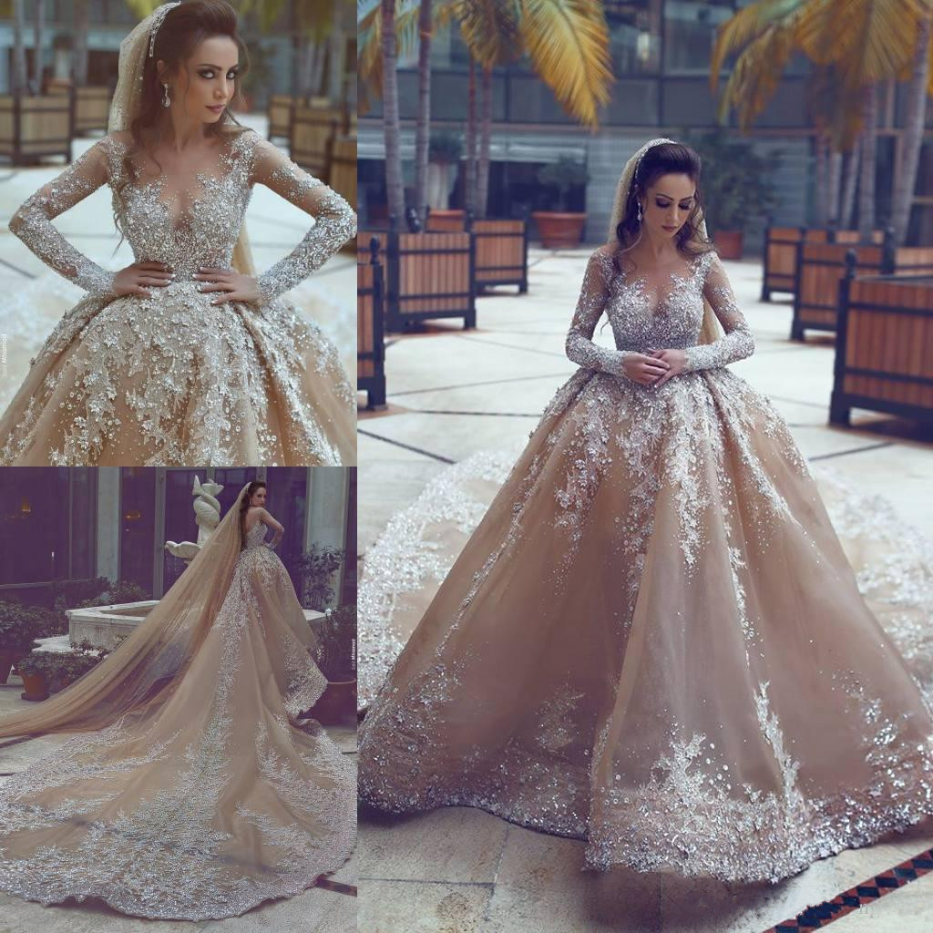 2018 Rhie Dubai Gowns With Detachable Train Illusion Necke Long Sleeves Bridal Gorgeous Mermaid Wedding Dress