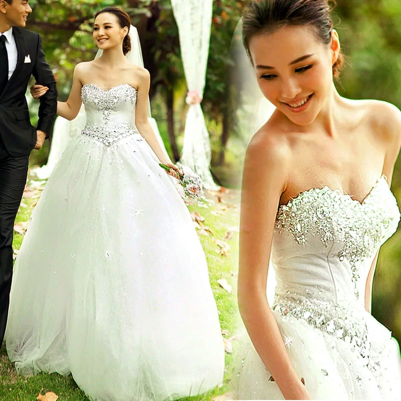 Beaded Crystal Soft Tulle Ball Gown Wedding Dresses 2019 Romantic Sweetheart Bride Dress Lace Up Back