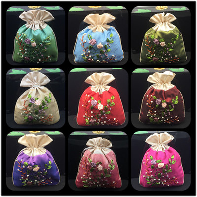 Handmade Ribbon Embroidery Large Packaging Bags for Satin Fabric Jewelry Gift Pouches Drawstring Dried flowers spices Storage bag Sachet