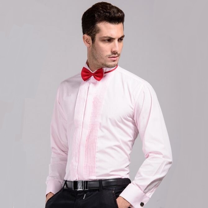 Wholesale-Mens Wedding Shirt With Bowtie 2016 New Long Sleeve Dress Shirts French Cuff Male Red Shirt Free Shipping