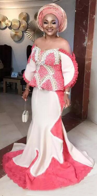 Nigerian African Mermaid Evening Dresses Plus Size Aso Ebi Beaded Evening Gowns Off The Shoulder Special Occasions Prom Dresses with Sleeves